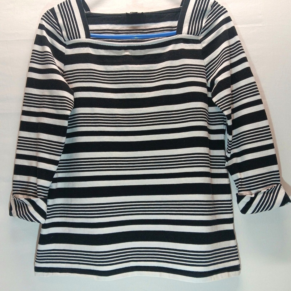 Talbots Knit Top Women's Small White Black Stripe 3/4 Sleeve Stretch *READ*